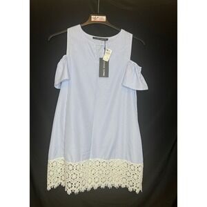 Neiman Marcus Haute Rogue Blue White Striped Dress  Lace Trim. NWT Size Large